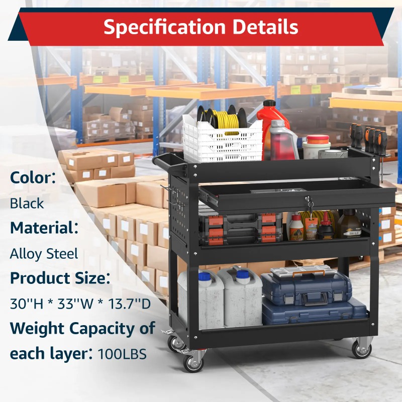 عربة أدوات متحركة ثلاثية الطبق - مراجعة Workshop Garage Tools Manufacturer وسعره